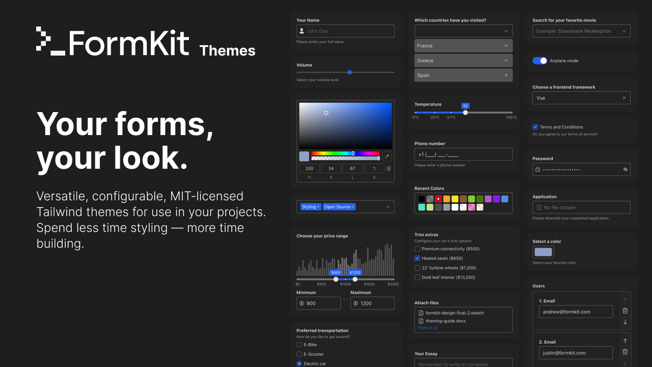 Versatile, configurable, MIT-licensed Tailwind themes for use in your projects. Spend less time styling — more time building.